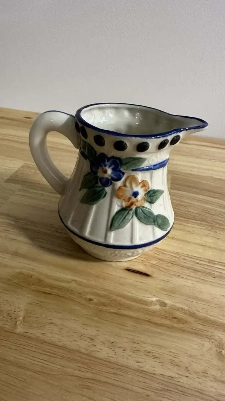 Cream And Blue Floral Ceramic Mini Pitcher Made In Japan
